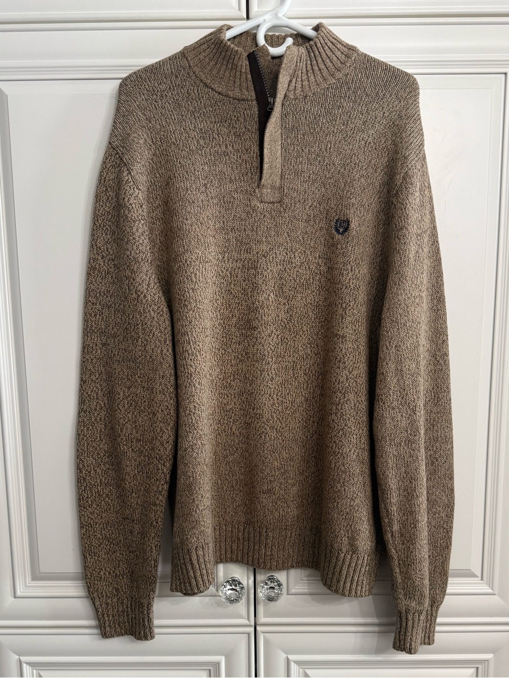 Chaps Men's Heathered Brown 1/4 Zip Mock Neck Sweater Elbow Patches Cotton  XL